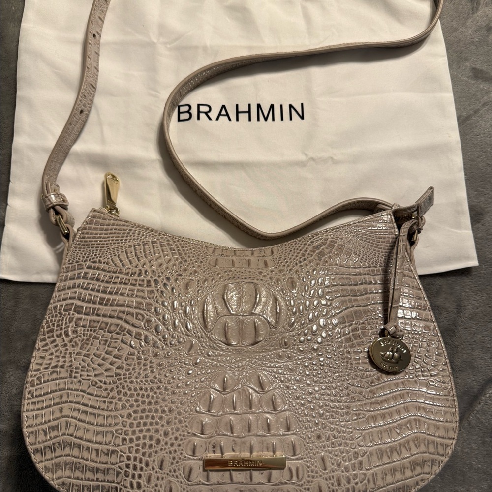 Brahmin Taupe Croc-Embossed Crossbody Bag with Gold Accents